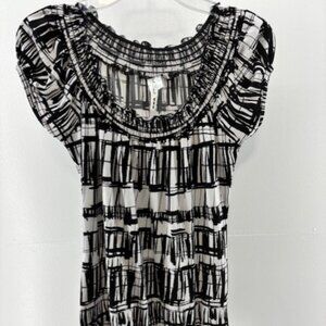 Women's Heart Soul Boho Blouse L Black White Short Sleeve Smock Neck Waist Tie